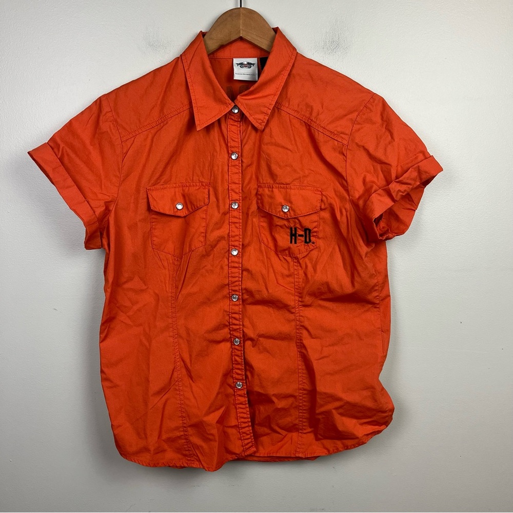 Harley Davidson womens orange shirt with black decals and pearl snap Size L